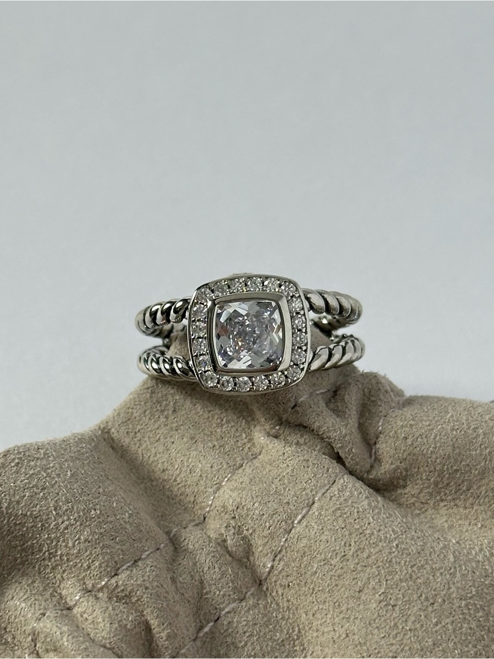 David Yurman Petite Albion Cushion Cut White Topaz and Pave Ring Size 8.5